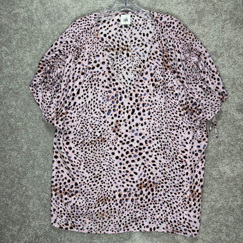 Cabi 5980 Women Pink Animal Leopard Print Ruched Shoulder V-Neck Blouse Small